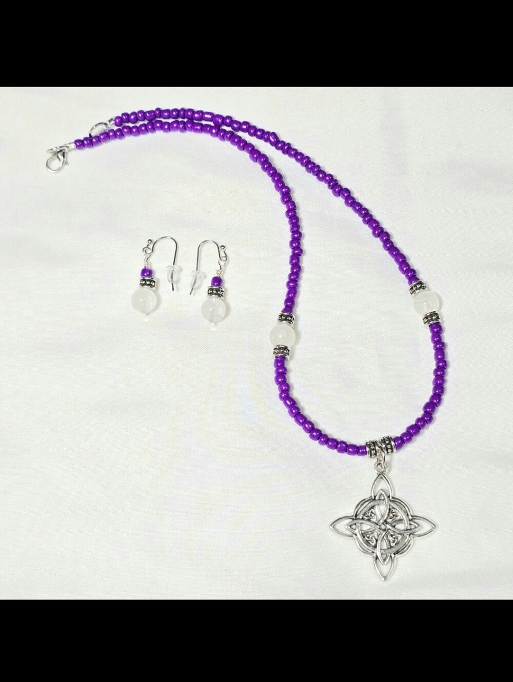 Purple Boho Choker Necklace & Earrings, Genuine White Quartz & Glass Seed Beads